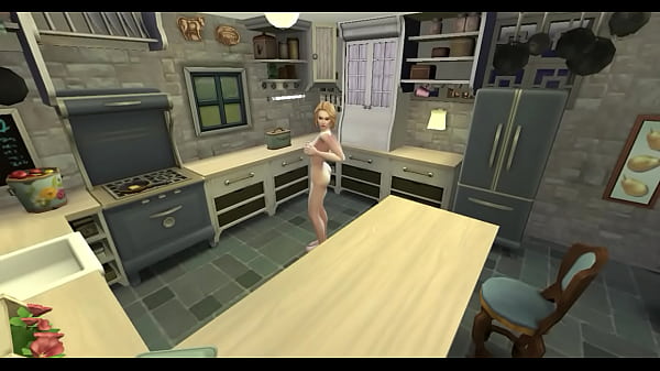 Horny girl touches herself in the kitchen